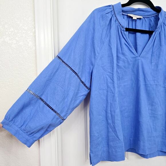LOFT Women's Boho Linen Blend Top Sz L Blue V-Neck Cutout Lightweight 3/4 Sleeve - Picture 4 of 9